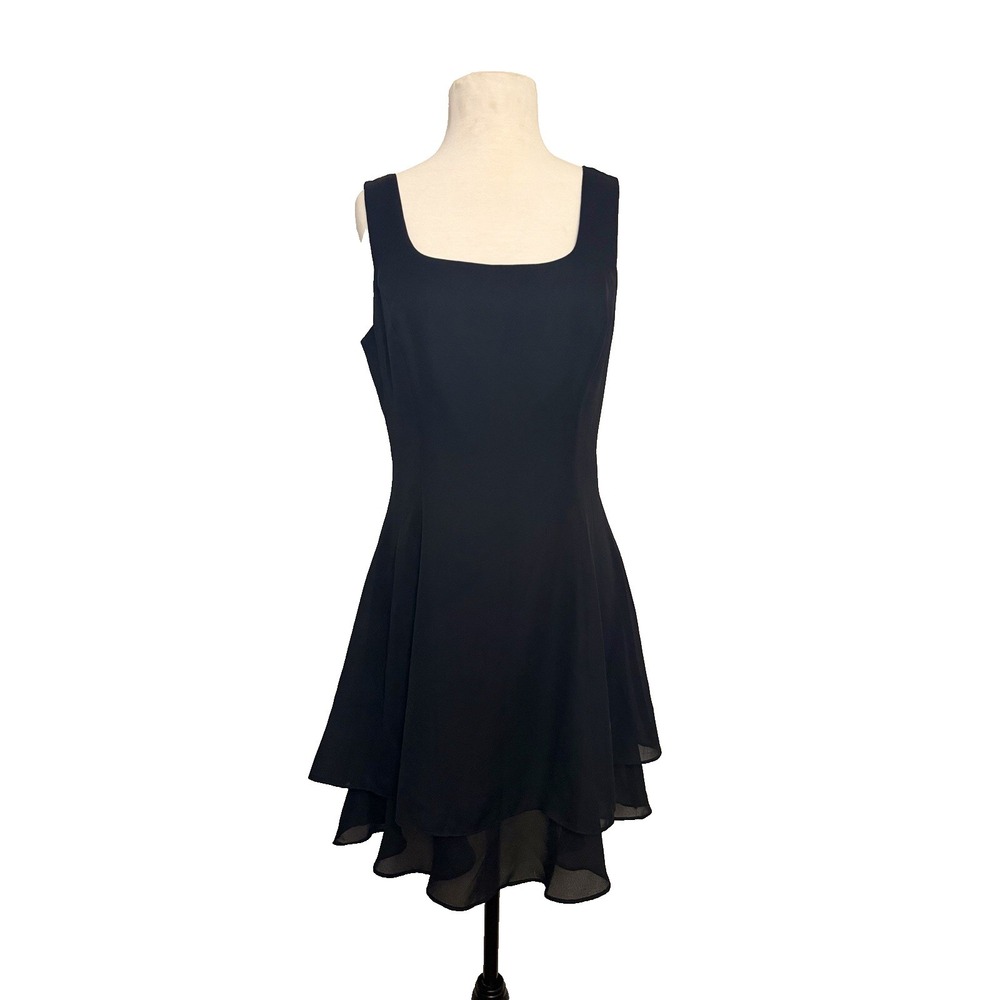 Vintage 90s Chelsea Nites Little Black Chiffon Layered Fit & Flare Dress Size 10